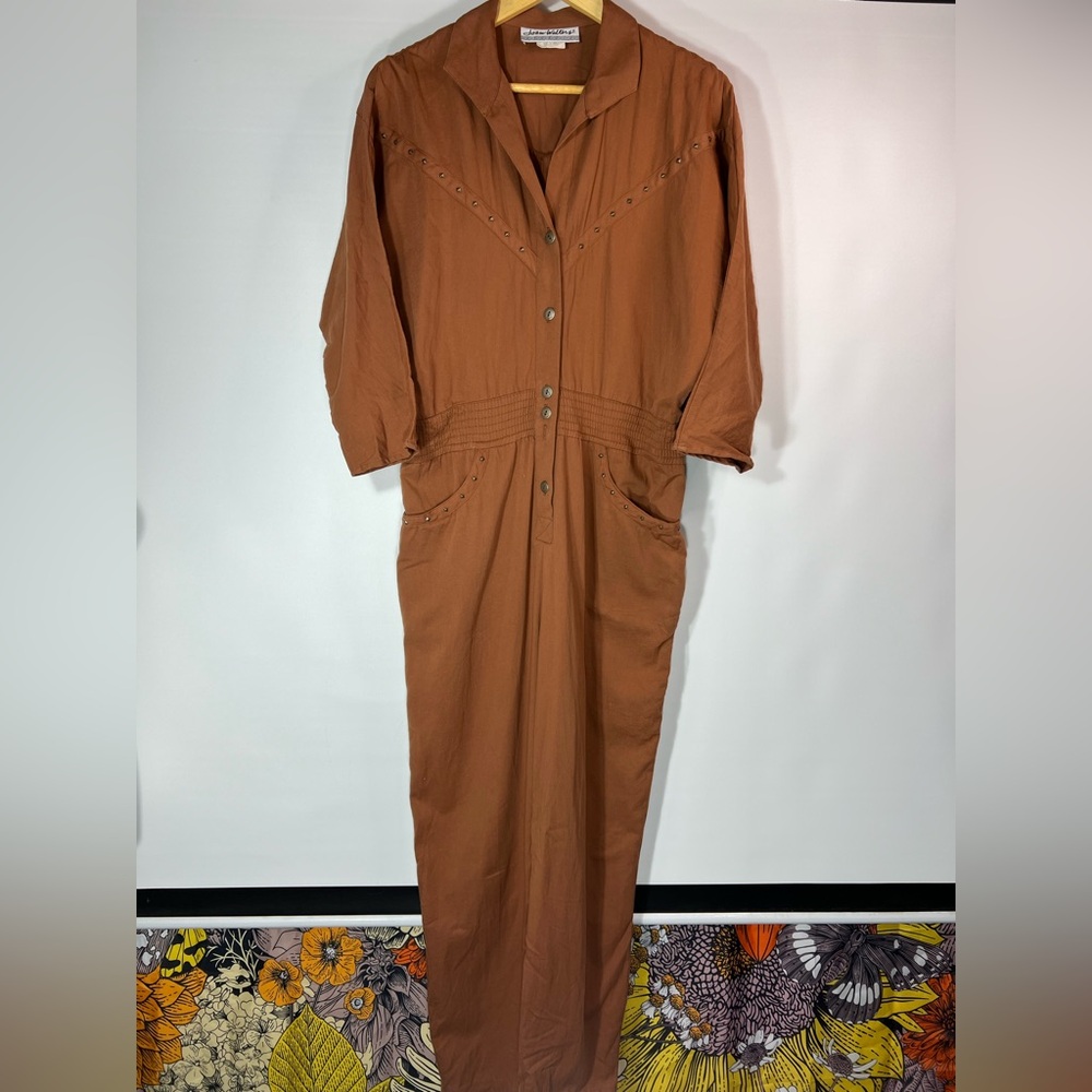 Vintage Brown Western-Inspired Buttoned Jumpsuit